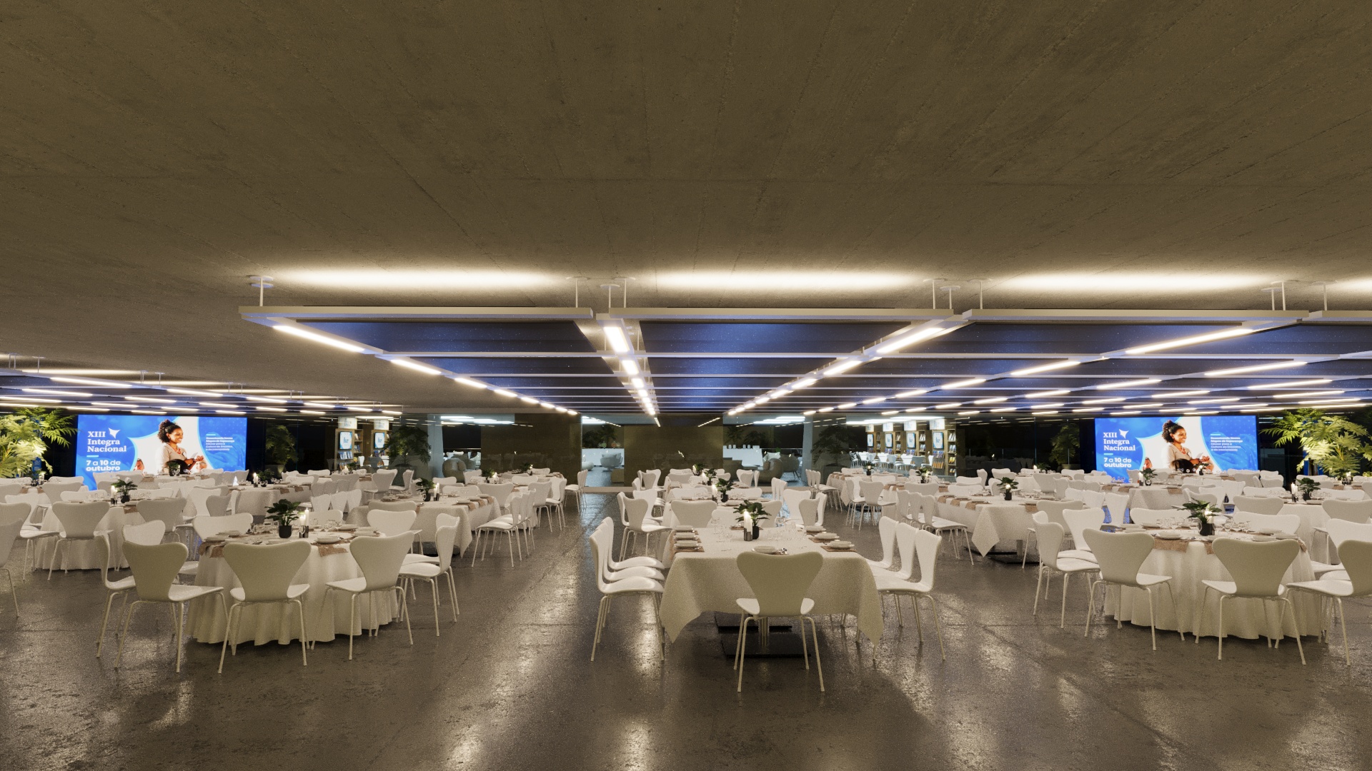 Jantar com dois palcos — projeto 3D INTEGRA 2026